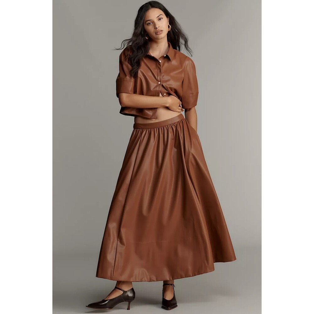 NWT Anthropologie Maeve Faux Leather Full Maxi Skirt L Brown